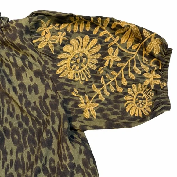 THML Olive Leopard Print Blouse w Tan Embroidered Puff Sleeves Size M - Picture 3 of 10